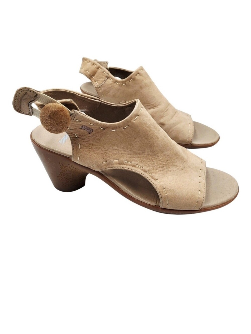 Camper Lulu Women's Size 39 Beige Tan Leather Wedge Slingback Block Heel Sandals
